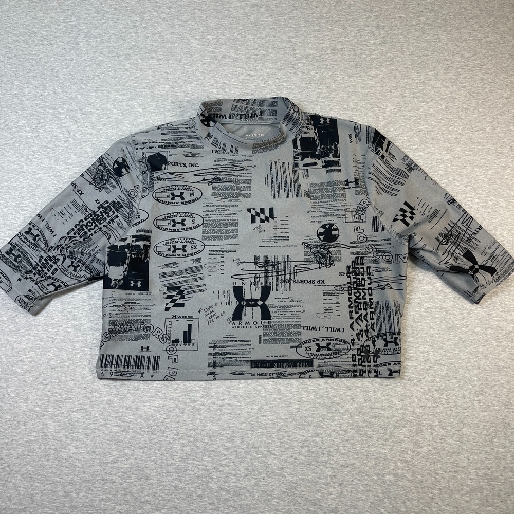 Under Armour Shirt Womens 2XL Grey Newspaper Print Weightlifting Mock‎ Neck Gym